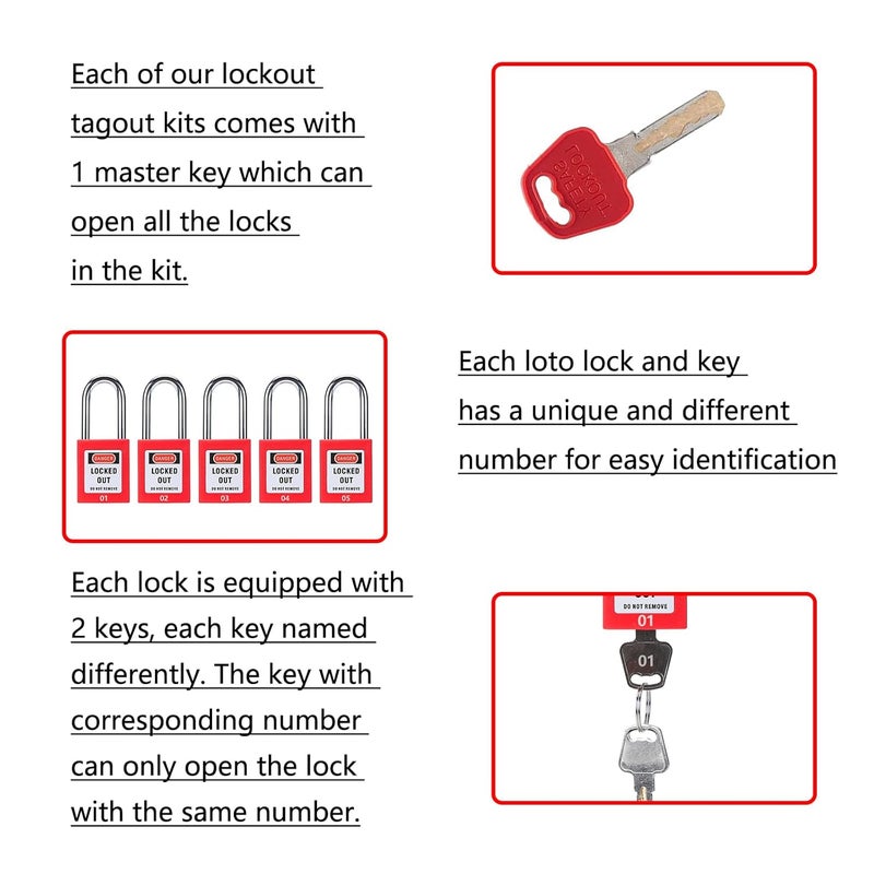 Allucky Lockout Tagout Locks, 10pcs Safety Locks Keyed Differently(Come with 1pcs Master Key) & 10pcs Lockout Tagout Tags, Lock Out Tag Out Padlocks Set, 2 Keys Per Lock(No.1-10) - Image 5